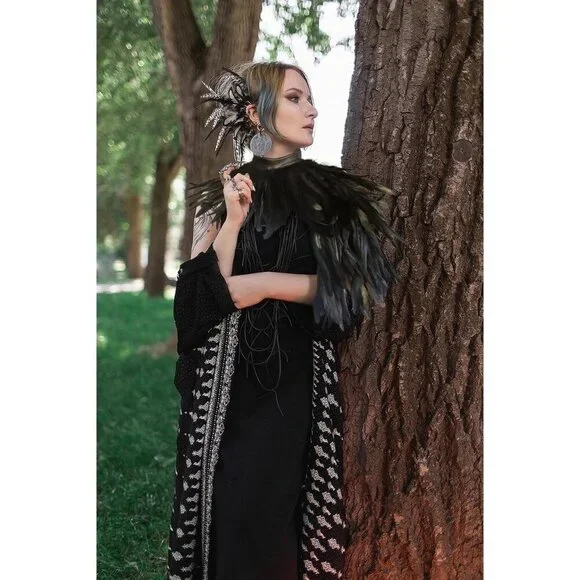Women Feather Cape Shawl Costume Black Witch Wings Collar Adult Crow Neck - Picture 4 of 8